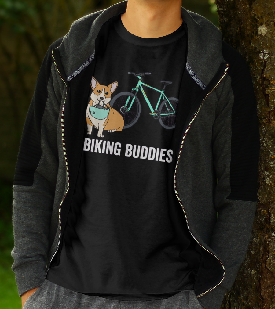 Corgi Biking Buddies With Bicycle Helmet And Mountain Bike T-Shirt