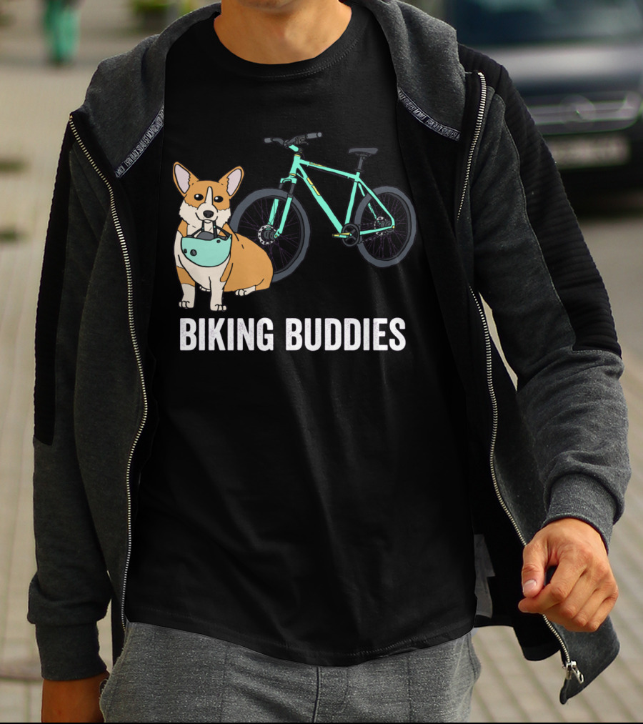 Corgi Biking Buddies With Bicycle Helmet And Mountain Bike T-Shirt