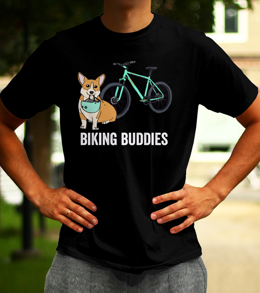 Corgi Biking Buddies With Bicycle Helmet And Mountain Bike T-Shirt