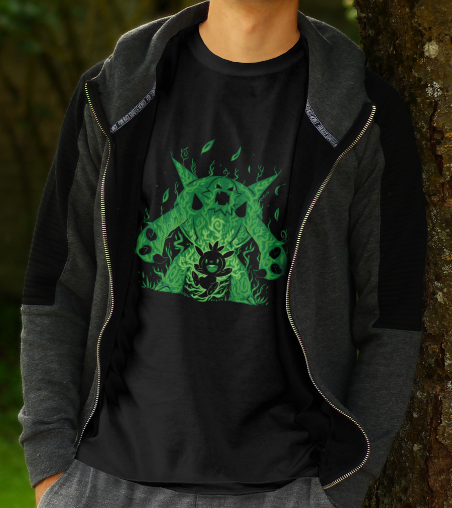 Pokemon Evolution Chesnaught Chespin Silhouette Glowing Green Flames T-Shirt