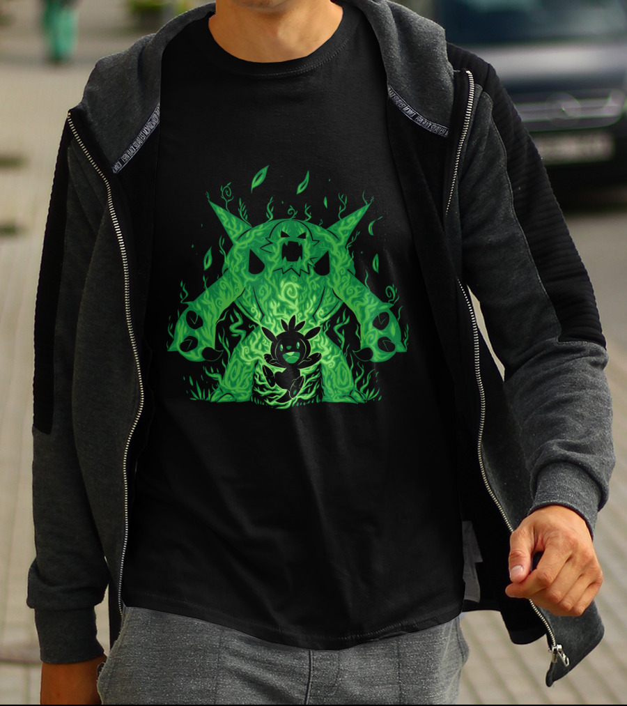 Pokemon Evolution Chesnaught Chespin Silhouette Glowing Green Flames T-Shirt