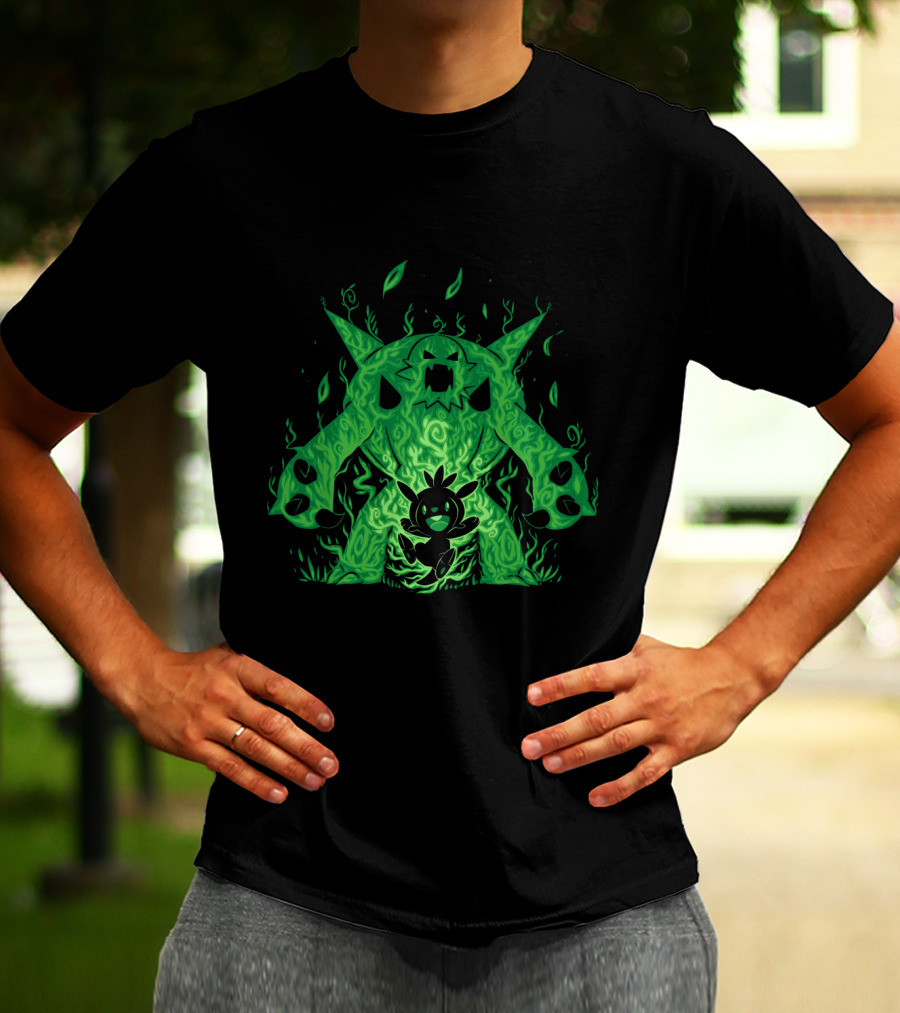 Pokemon Evolution Chesnaught Chespin Silhouette Glowing Green Flames T-Shirt