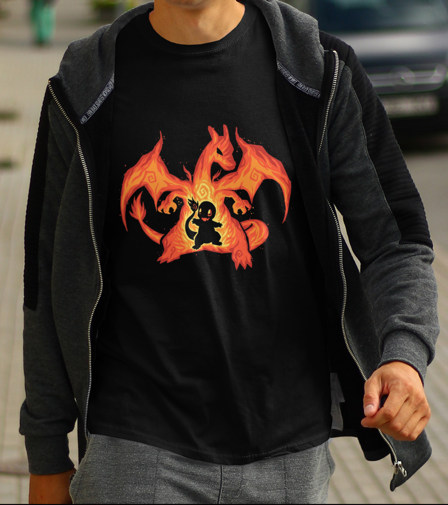 Evolution Charizard And Charmander Pokemon Fire Transformation T-Shirt
