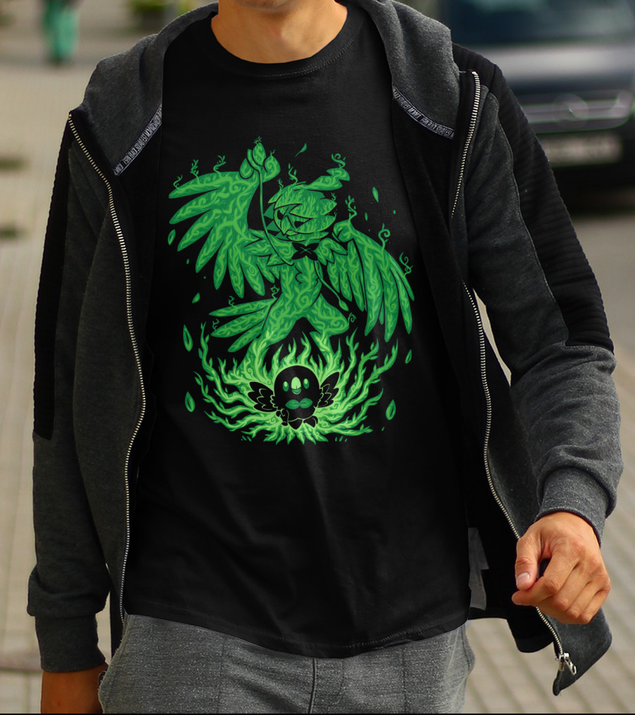 Evolution Pokemon Decidueye Rowlet Ghostly Green Flames T-Shirt