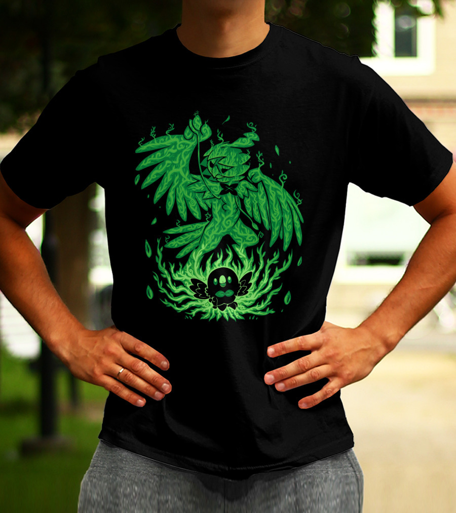 Evolution Pokemon Decidueye Rowlet Ghostly Green Flames T-Shirt