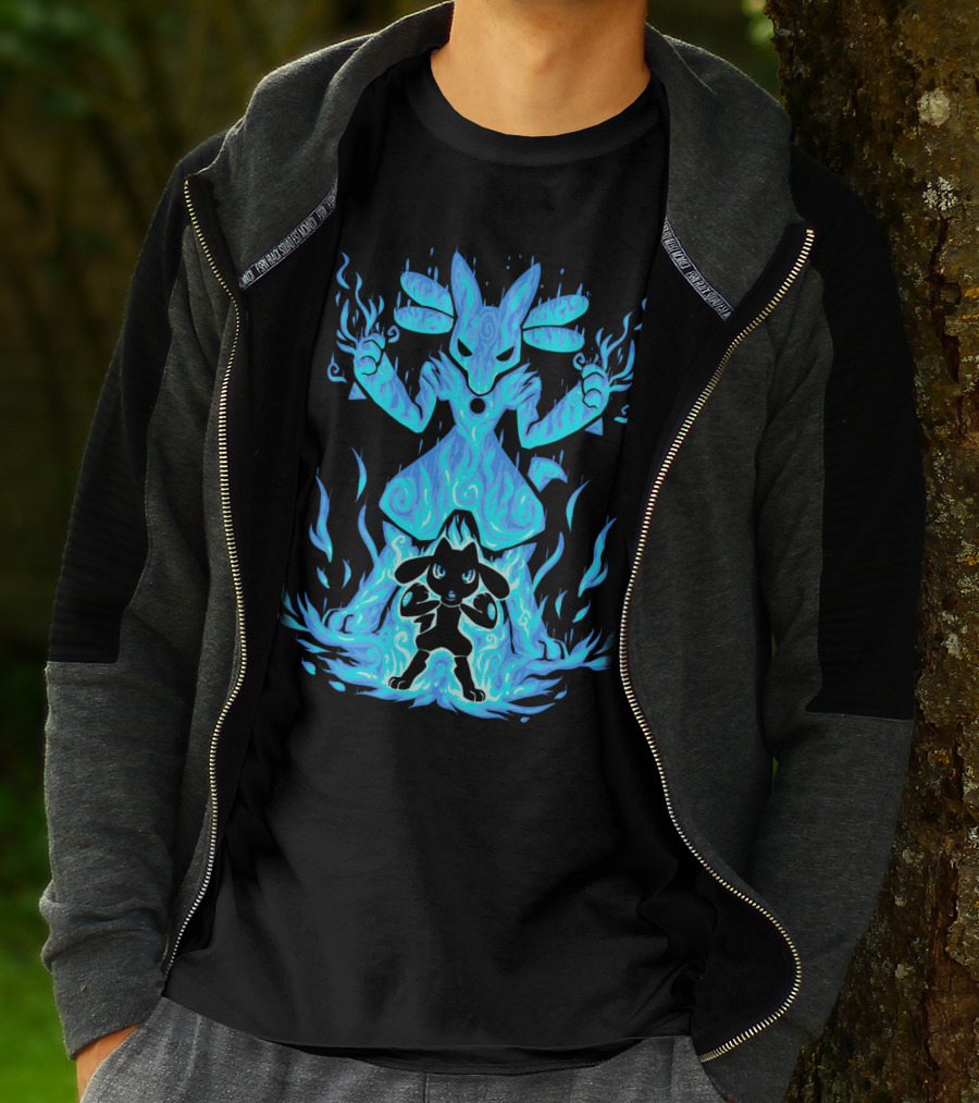 Evolution Pokemon Lucario Riolu Aura Flames T-Shirt