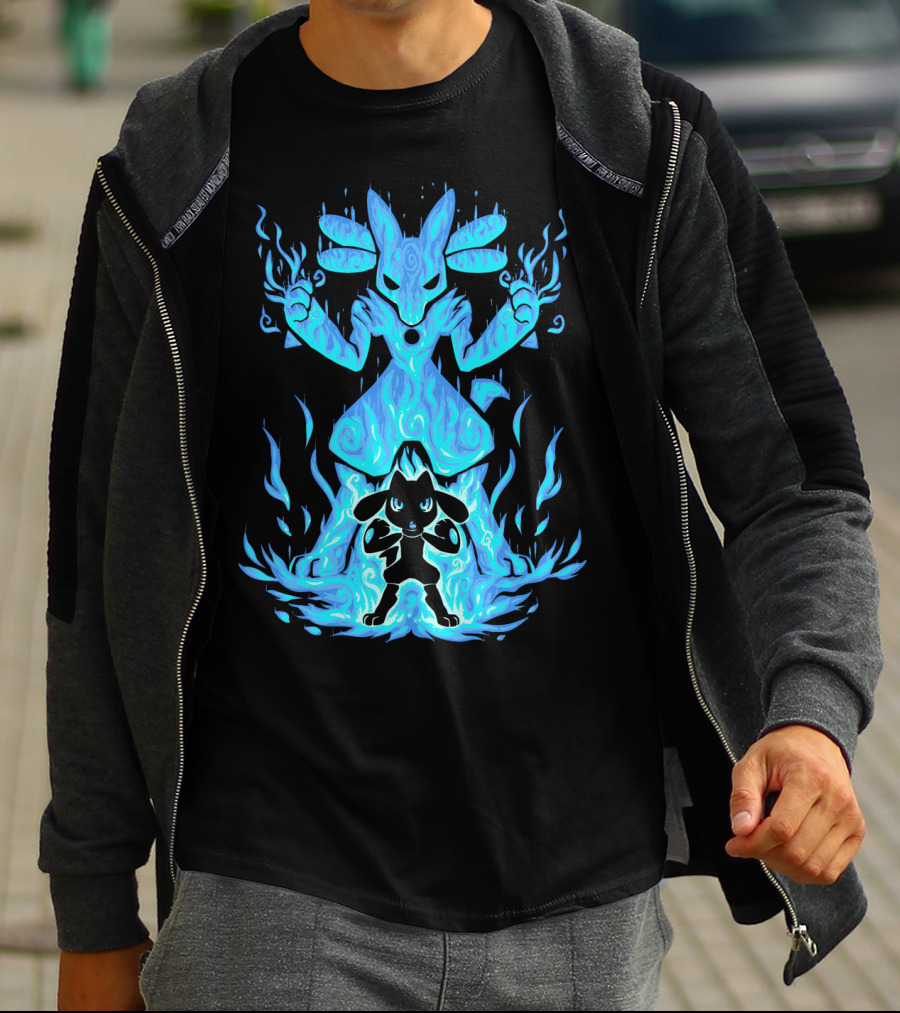Evolution Pokemon Lucario Riolu Aura Flames T-Shirt