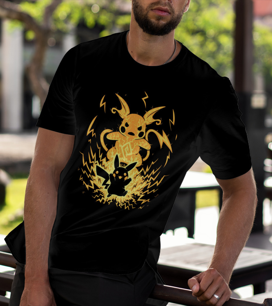 Evolution Pokemon Raichu With Pikachu And Lightning Background T-Shirt