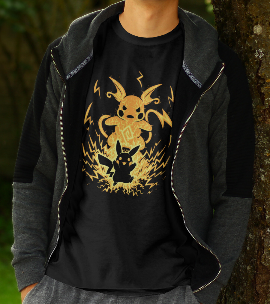 Evolution Pokemon Raichu With Pikachu And Lightning Background T-Shirt