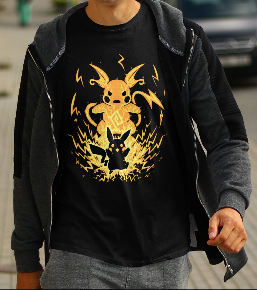 Evolution Pokemon Raichu With Pikachu And Lightning Background T-Shirt