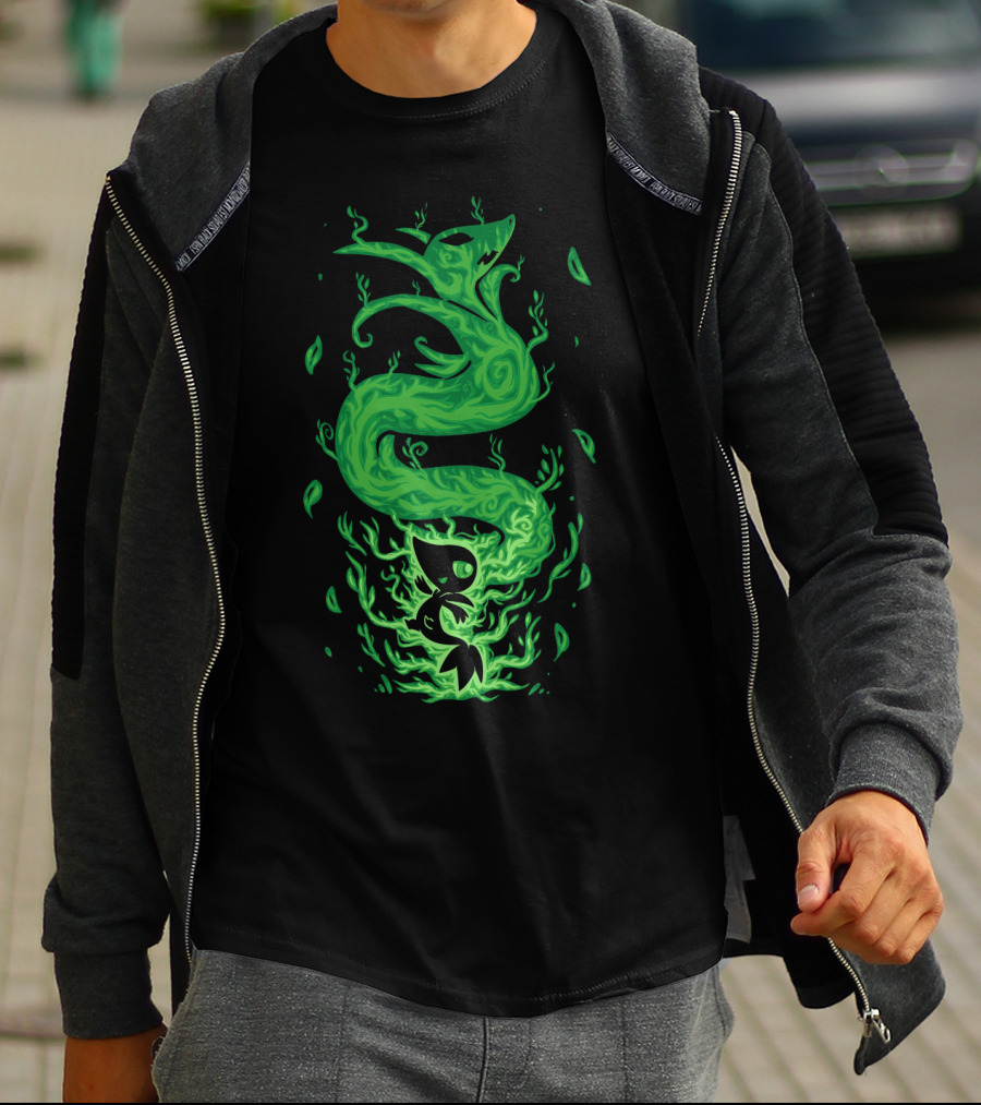 Evolution Pokemon Serperior Coiled Green Flames With Leaves T-Shirt