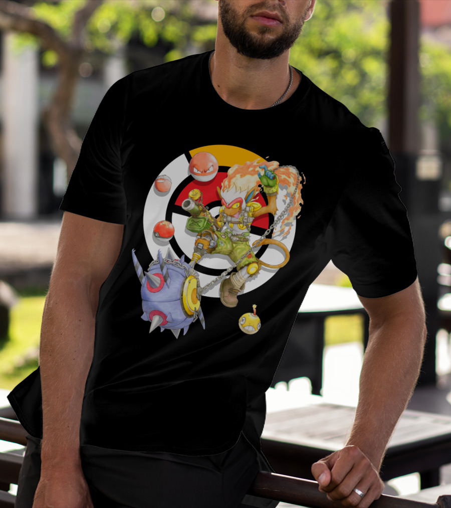 Pokemon X Overwatch Infernape And Junkrat Mashup With Pokeballs And Team Emblem T-Shirt