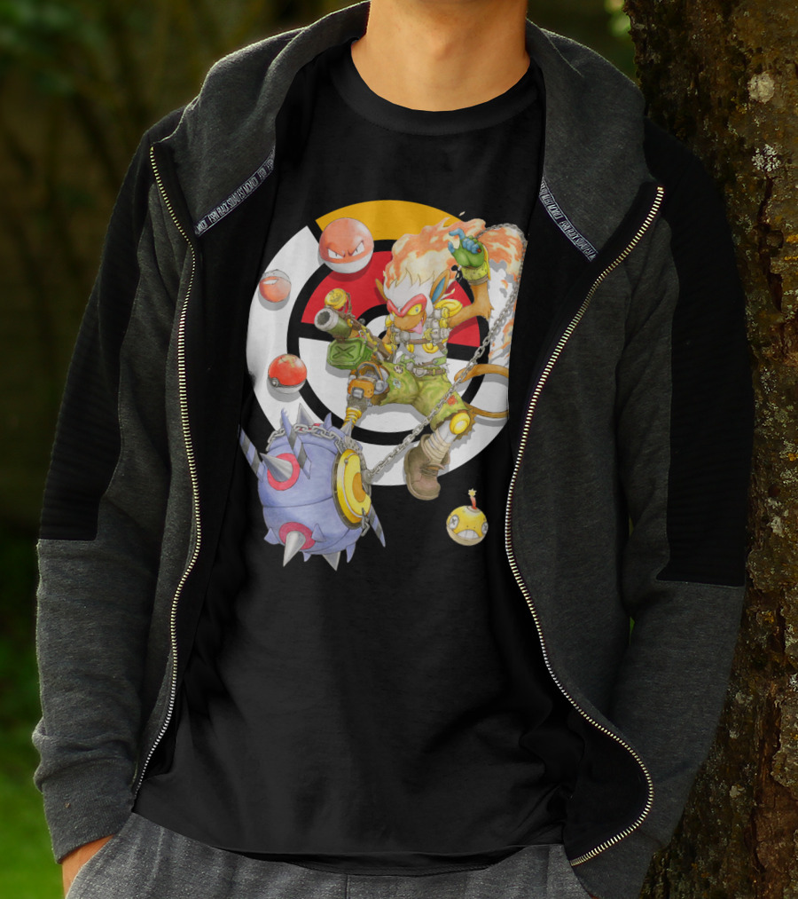 Pokemon X Overwatch Infernape And Junkrat Mashup With Pokeballs And Team Emblem T-Shirt