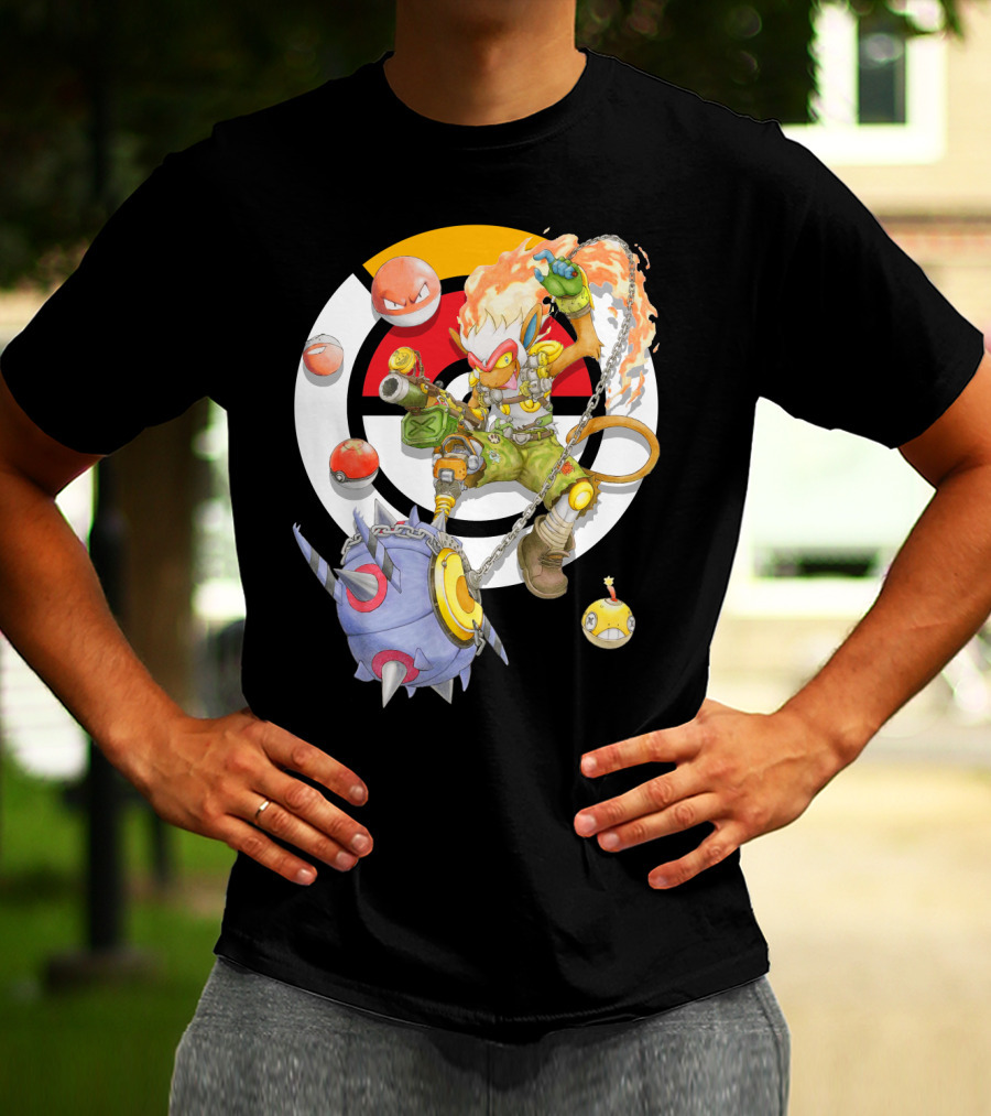 Pokemon X Overwatch Infernape And Junkrat Mashup With Pokeballs And Team Emblem T-Shirt