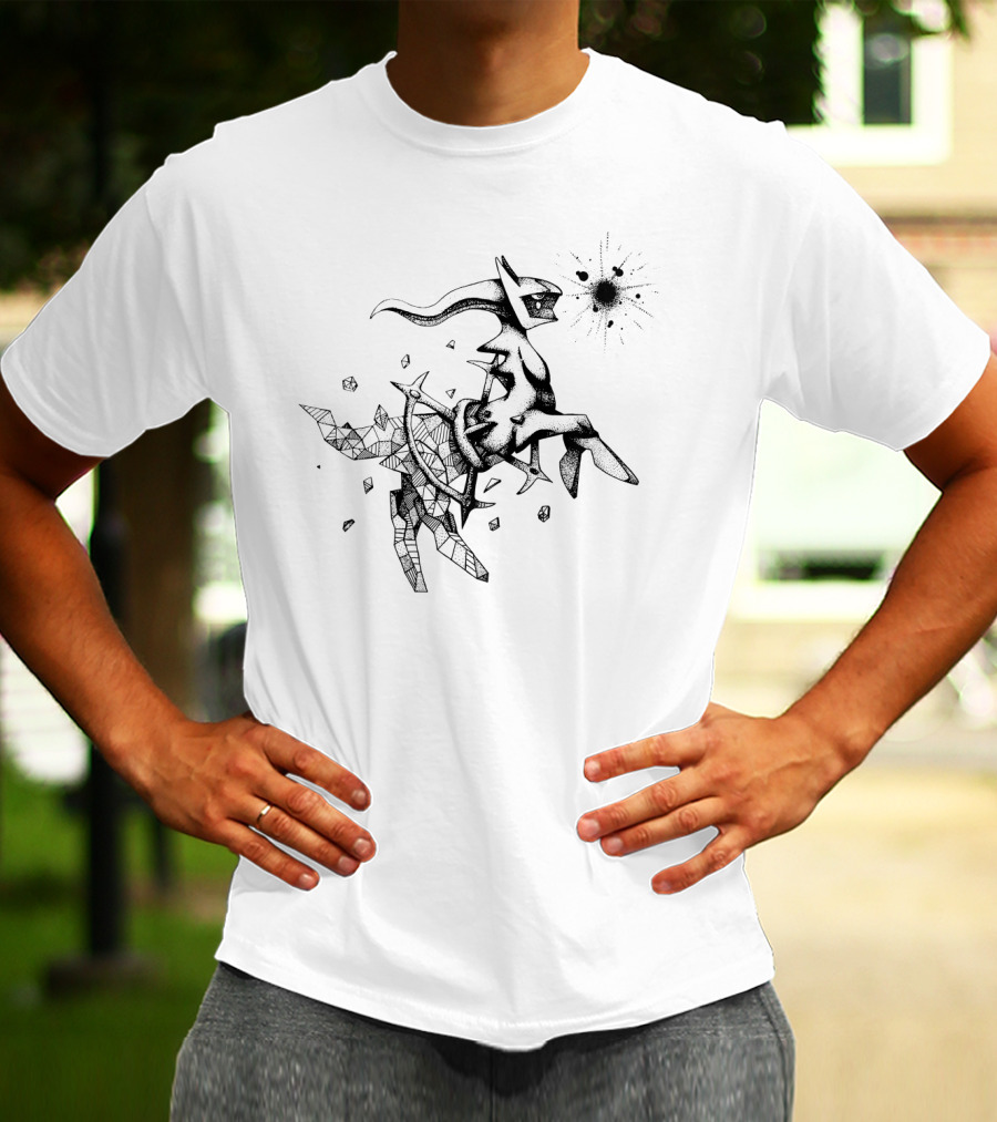 Geometric Pokemon Arceus Monochrome Ink Sketch With Abstract Fragmentation Elements T-Shirt