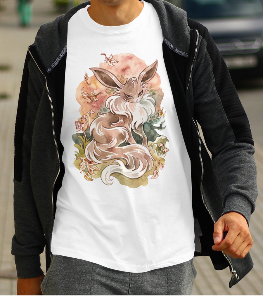 Watercolor Pokemon Eevee With Autumn Leaves And Flowers T-Shirt
