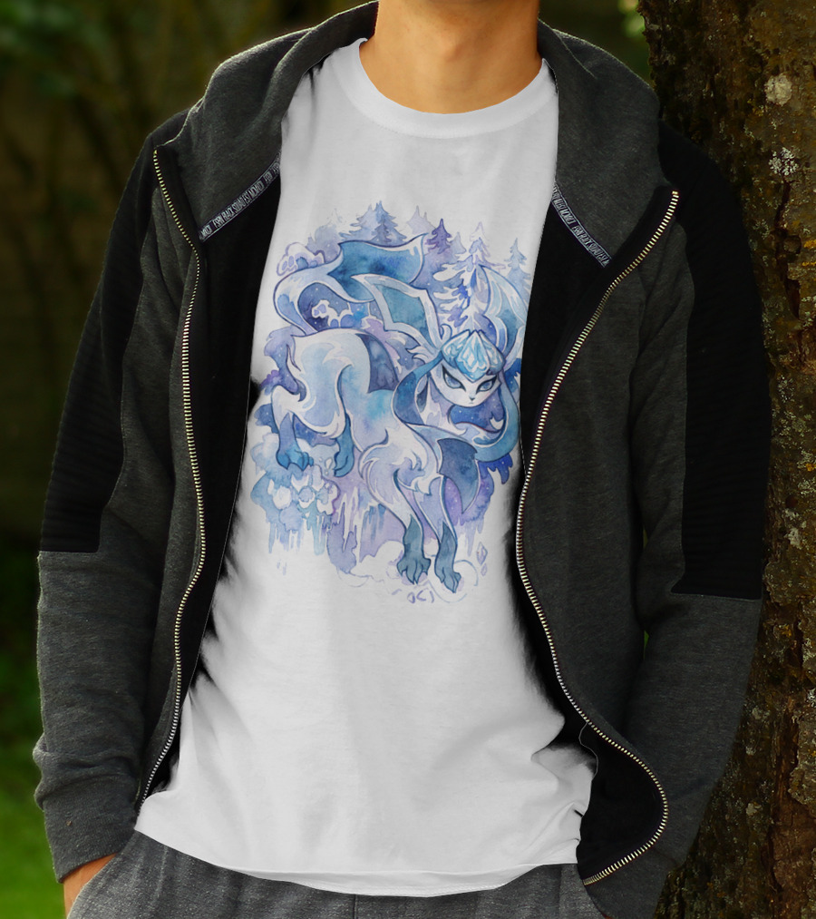 Watercolor Pokemon Glaceon Snowy Forest Background T-Shirt
