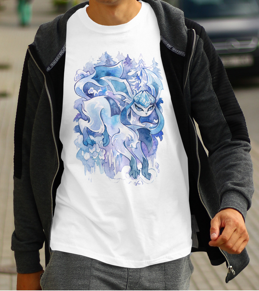 Watercolor Pokemon Glaceon Snowy Forest Background T-Shirt