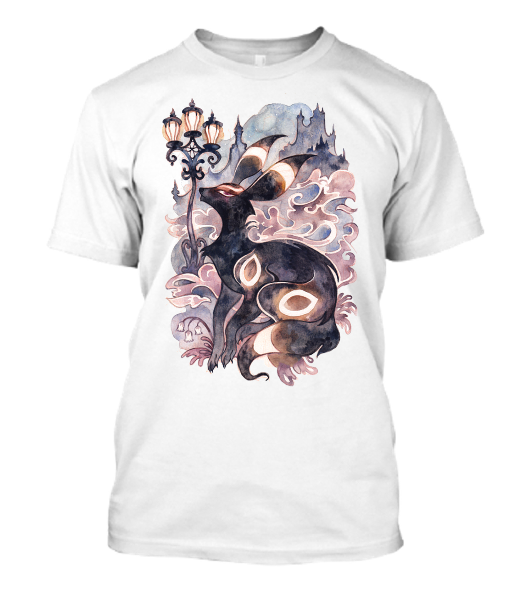 Watercolor Pokemon Umbreon Lamppost Castle Sky Background T-Shirt