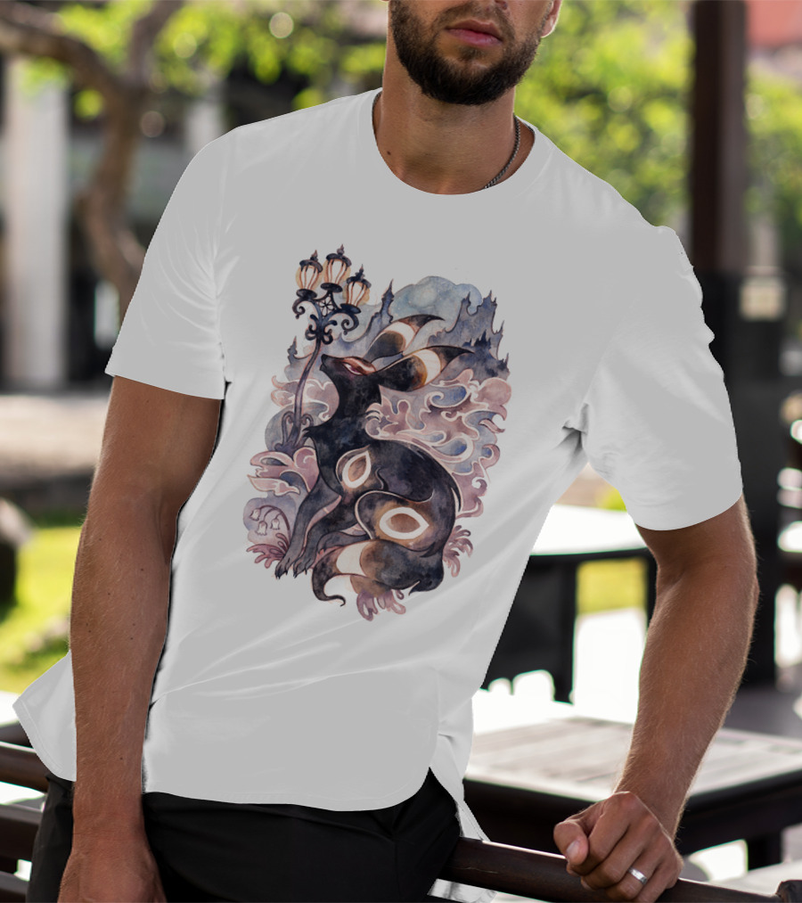 Watercolor Pokemon Umbreon Lamppost Castle Sky Background T-Shirt