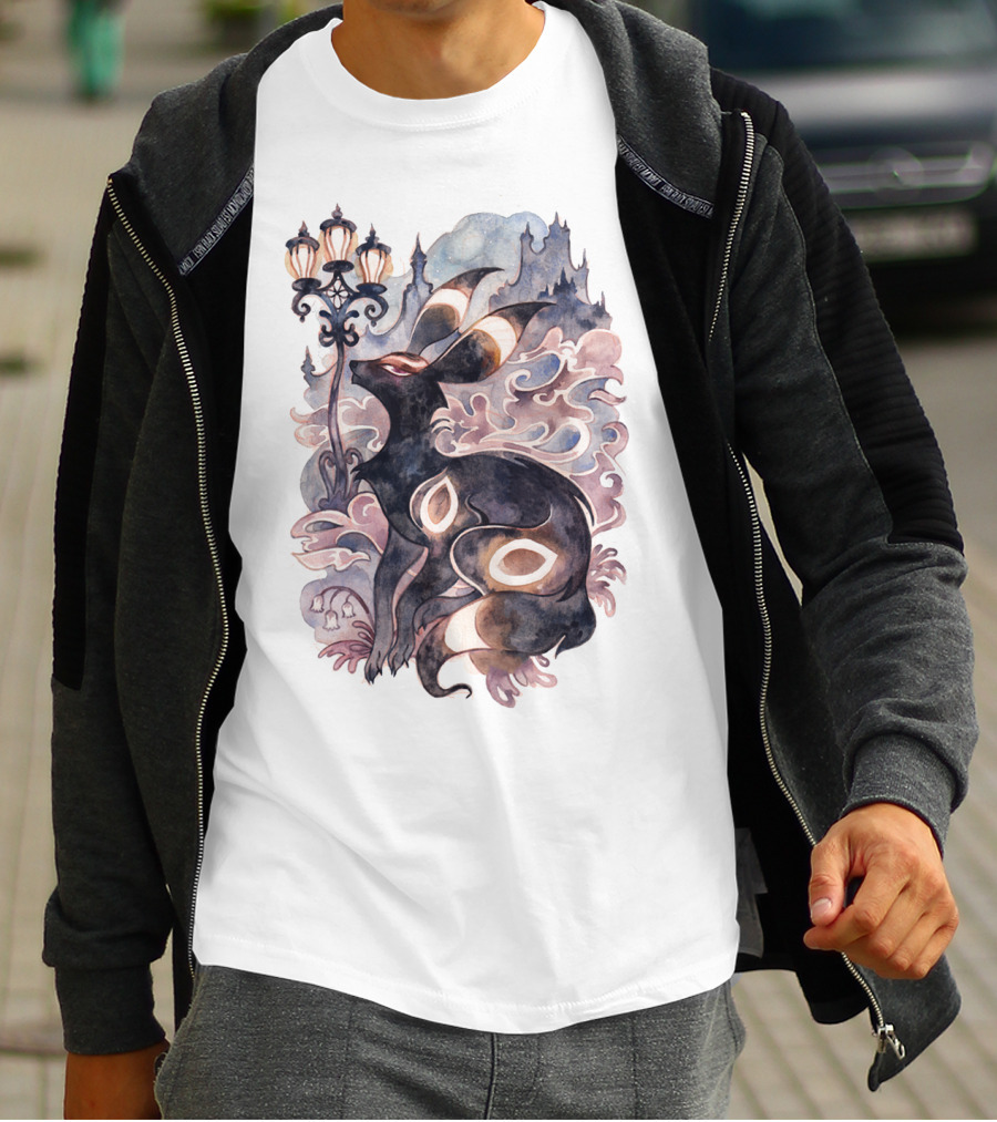 Watercolor Pokemon Umbreon Lamppost Castle Sky Background T-Shirt