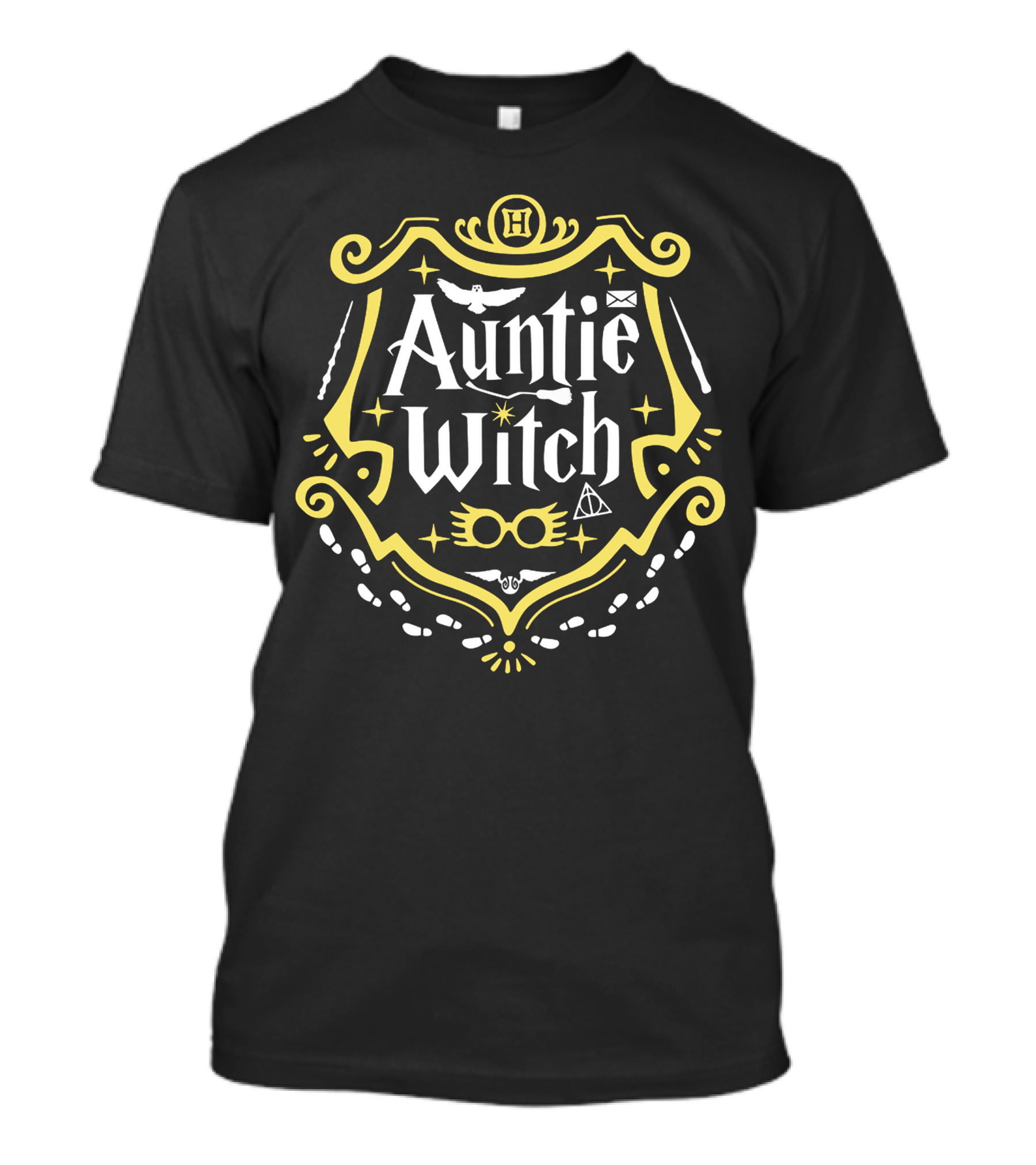 Auntie Witch H Badge Owls Snitch Hallows Wands Glasses Paw Prints Crest T-Shirt
