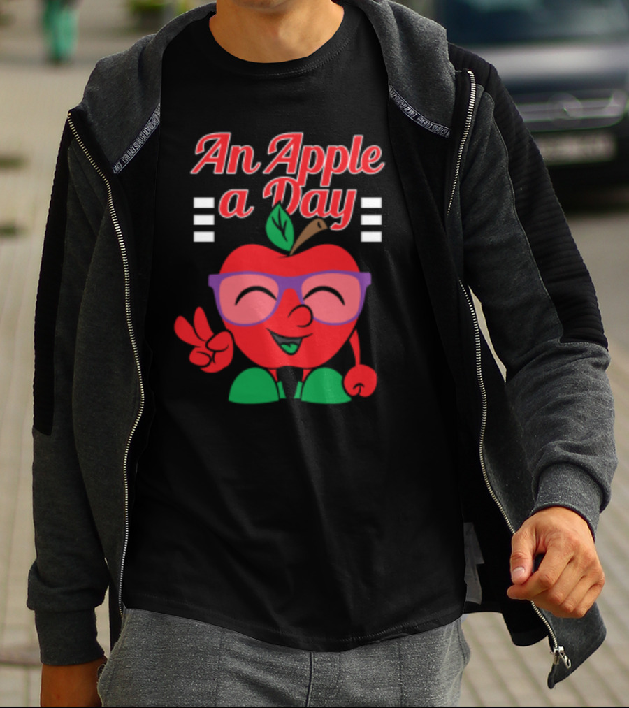 An Apple A Day Smiling Cartoon Apple With Glasses And Peace Sign T-Shirt