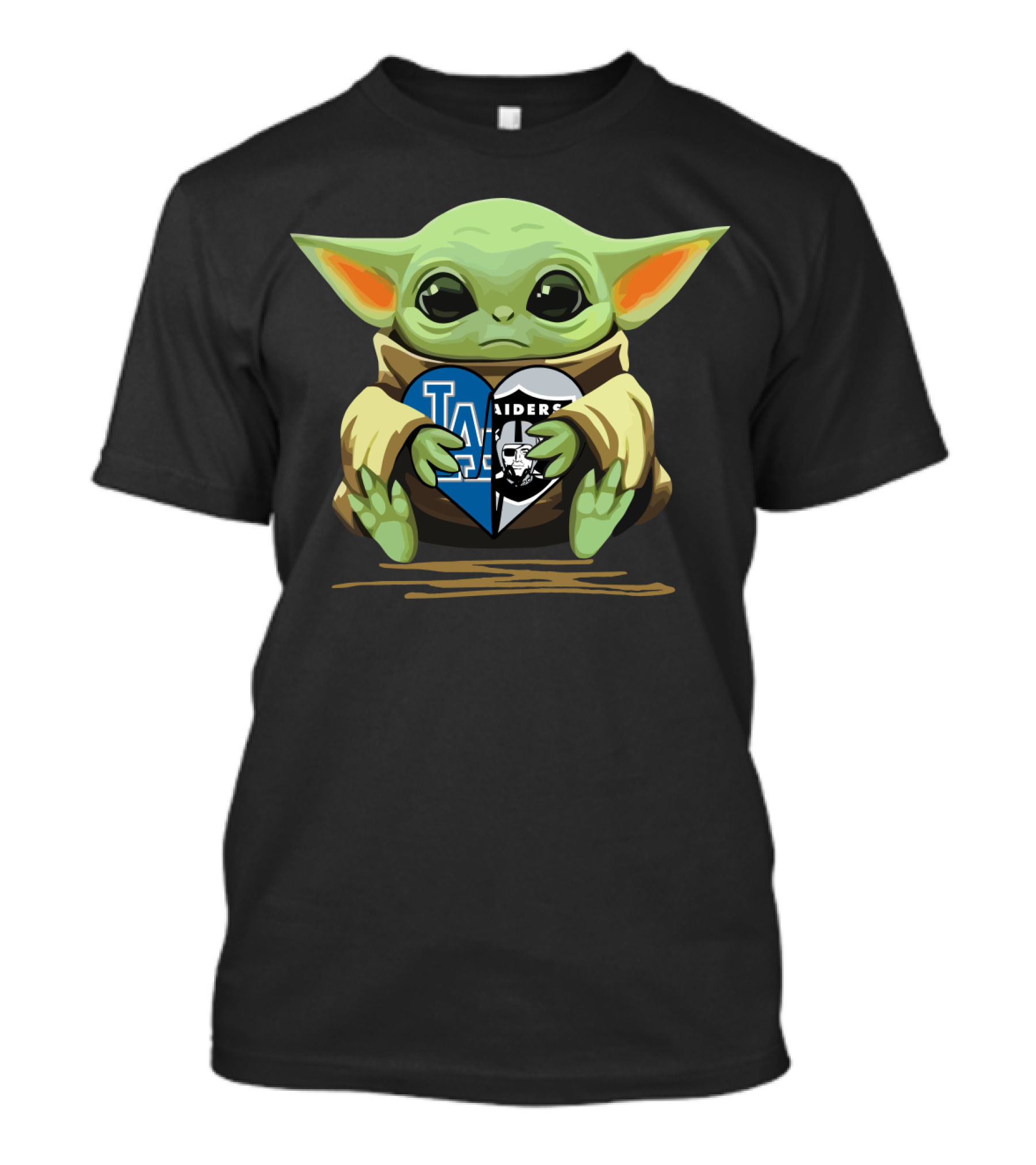 Baby Yoda Holding Heart With Raiders Dodgers Logos T-Shirt