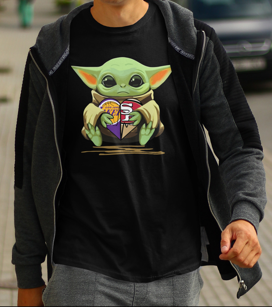Baby Yoda Holding Los Angeles Lakers San Francisco 49ers Heart T-Shirt