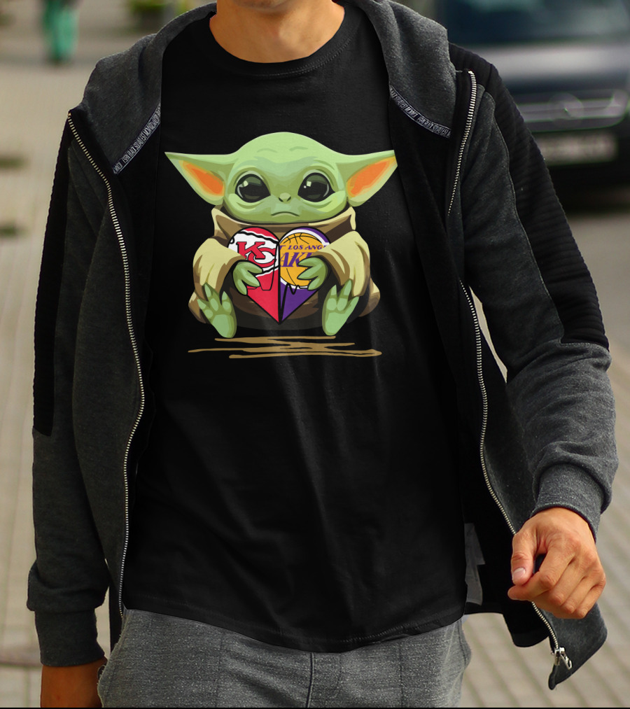 Baby Yoda Holding Kansas City Chiefs Los Angeles Lakers Heart T-Shirt