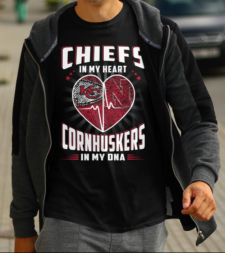 Chiefs In My Heart Cornhuskers Dna Fingerprint Heartbeat T-Shirt
