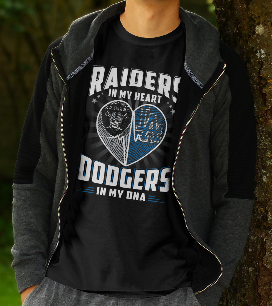 RAIDERS IN MY HEART DODGERS IN MY DNA Heartbeat T-Shirt