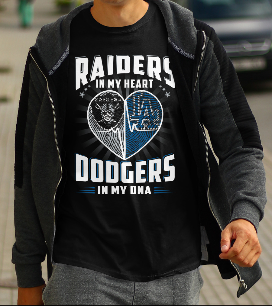 RAIDERS IN MY HEART DODGERS IN MY DNA Heartbeat T-Shirt
