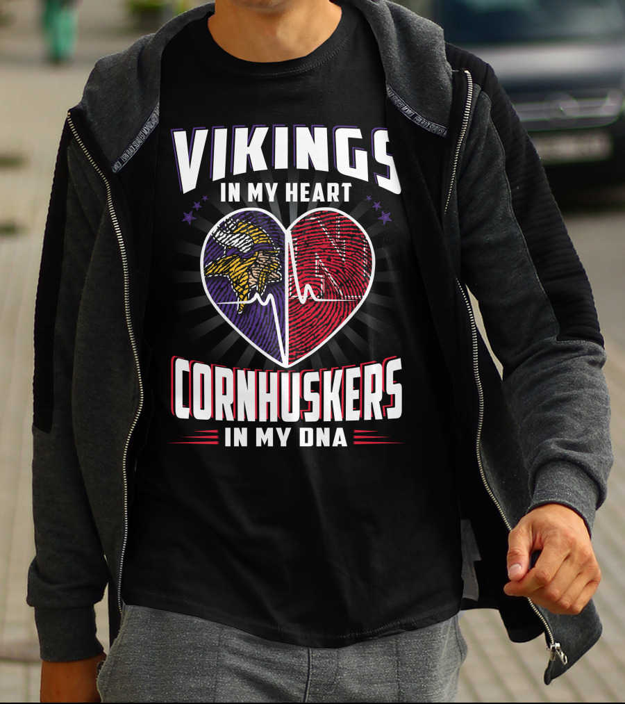 VIKINGS IN MY HEART CORNHUSKERS IN MY DNA FINGERPRINT HEARTBEAT T-Shirt