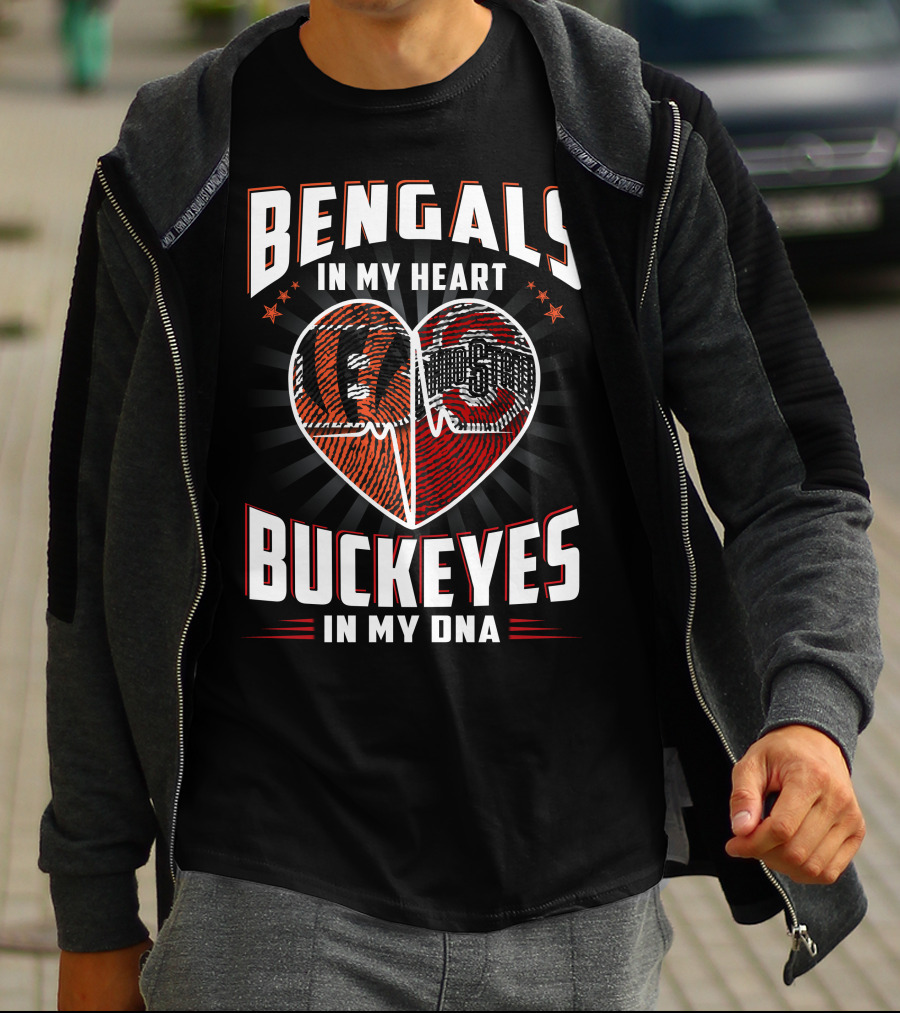 Bengals In My Heart Buckeyes In My Dna Heartbeat Logo Combination T-Shirt
