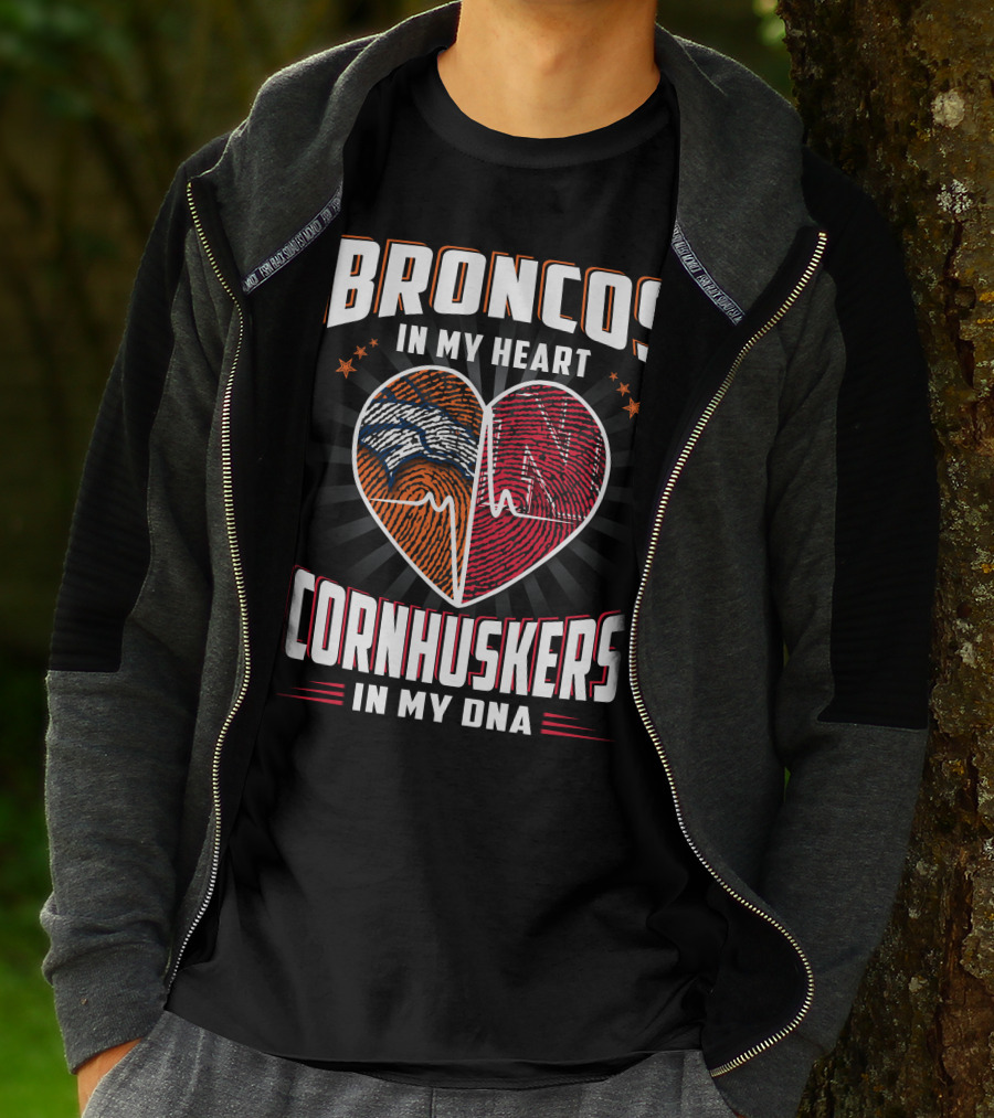 Broncos Heart Cornhuskers Dna Fingerprint Football Pride T-Shirt