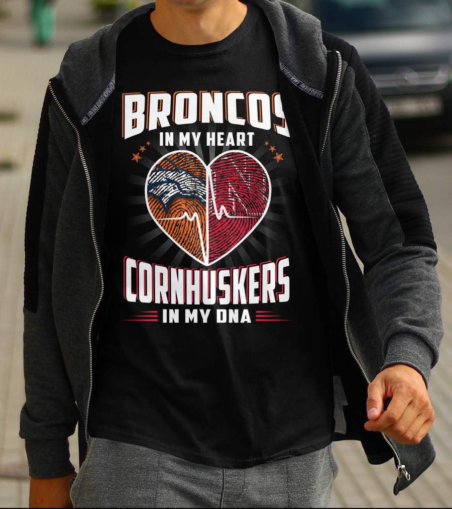 Broncos Heart Cornhuskers Dna Fingerprint Football Pride T-Shirt