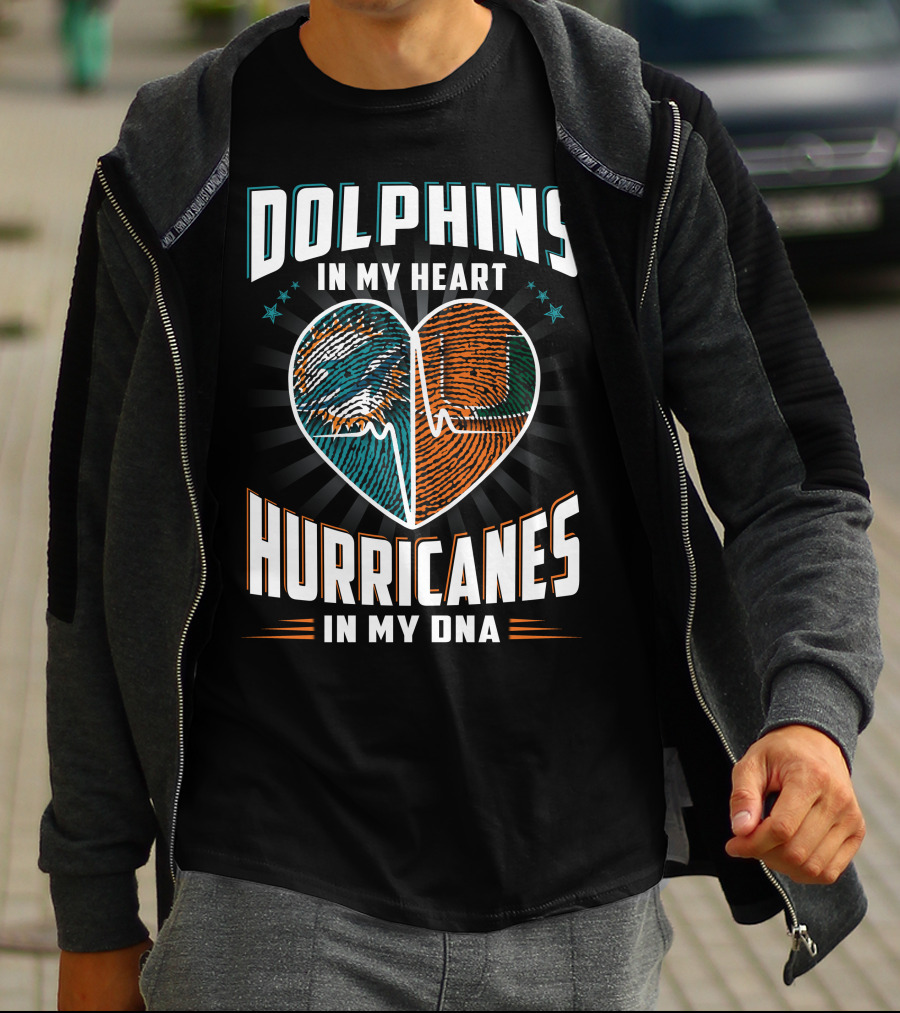 Dolphins In My Heart Hurricanes In My Dna Fingerprint Heart Ekg Stars T-Shirt