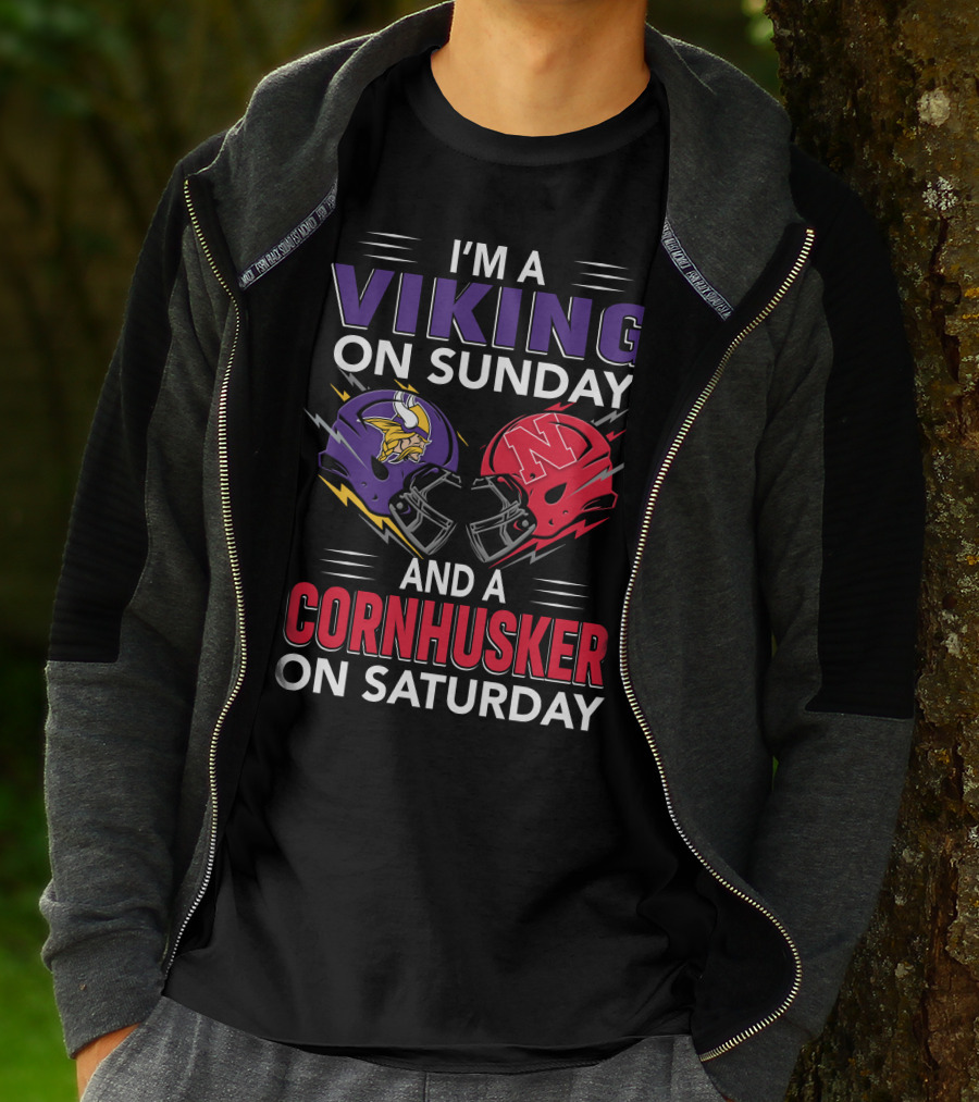 I'm A Viking On Sunday And A Cornhusker On Saturday Football Helmets Clash T-Shirt