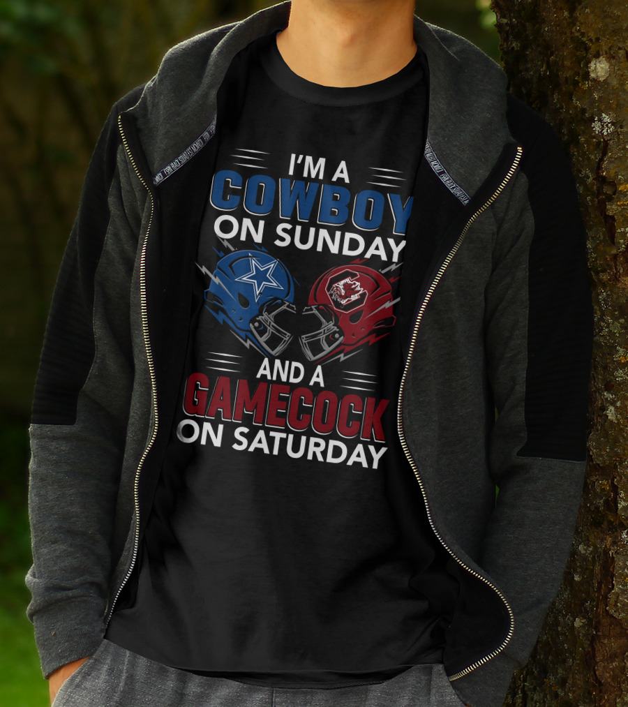I'm A Cowboy On Sunday And A Gamecock On Saturday Football Helmets Showdown T-Shirt