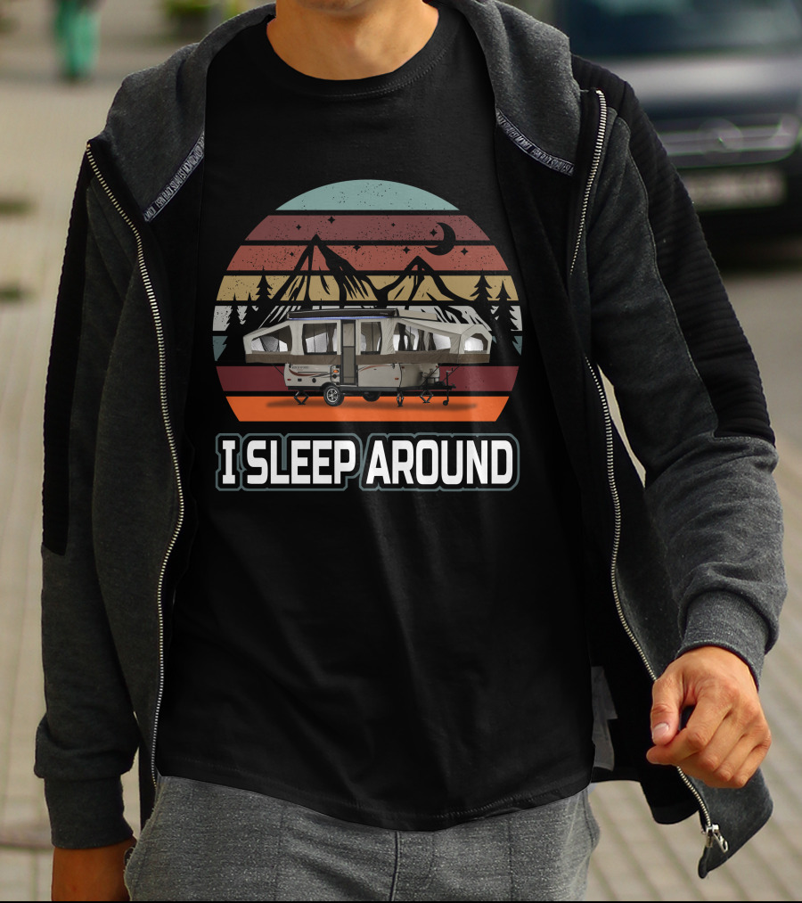 I SLEEP AROUND Pop Up Camper Vintage Sunset Mountain T-Shirt