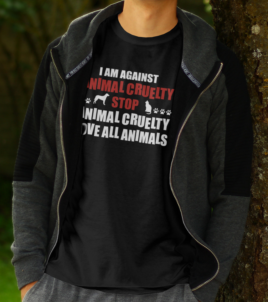 I Am Against Animal Cruelty Stop Animal Cruelty Love All Animals With Paw Prints Dog And Cat T-Shirt