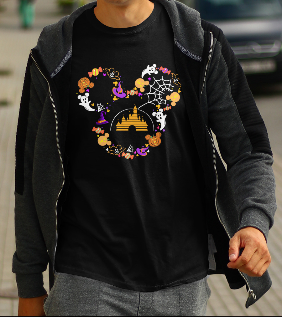 Disney Halloween Mickey Ears Castle Ghosts Spider Web Candy Icons T-Shirt