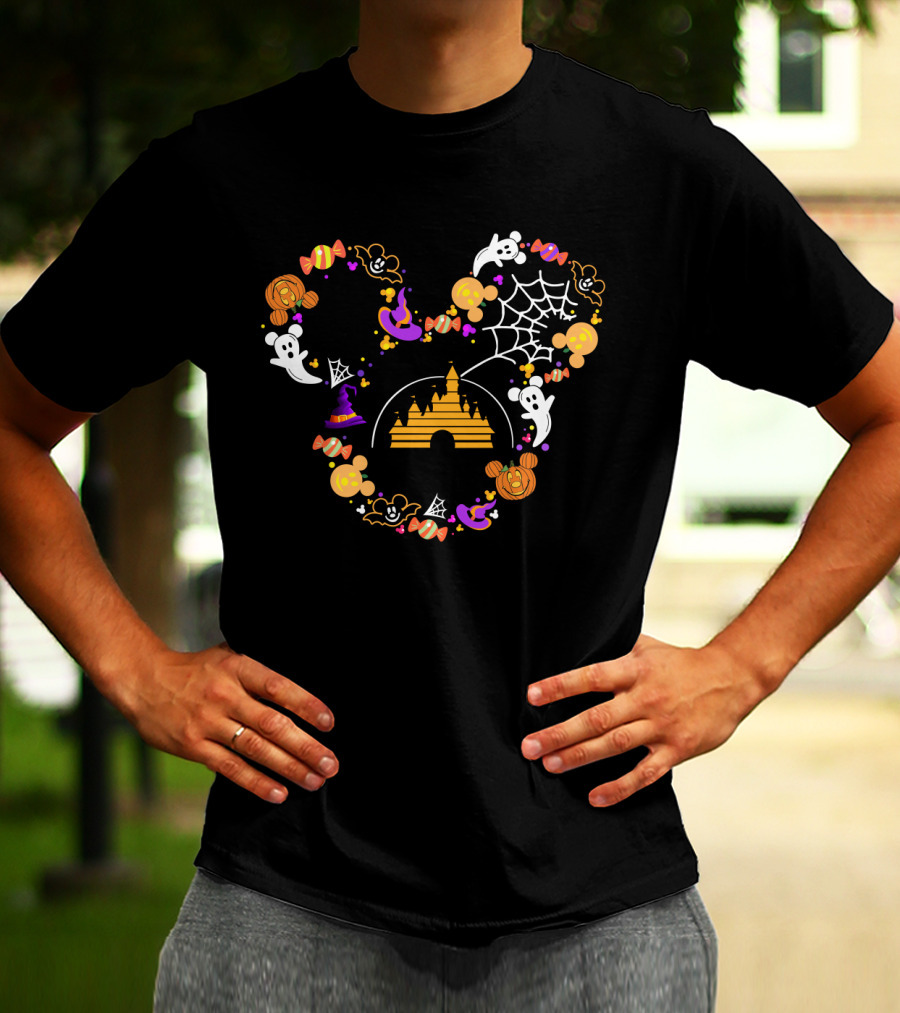 Disney Halloween Mickey Ears Castle Ghosts Spider Web Candy Icons T-Shirt
