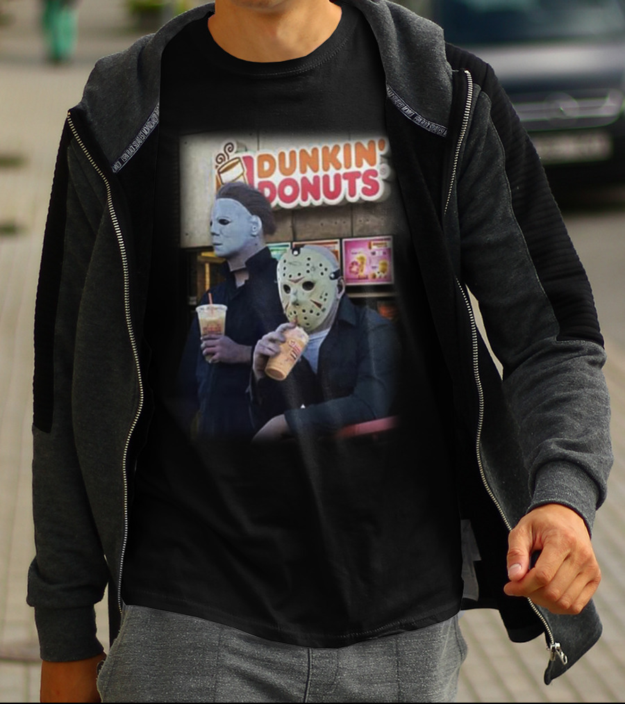 Michael Myers And Jason Voorhees At Dunkin' Donuts Holding Drinks T-Shirt