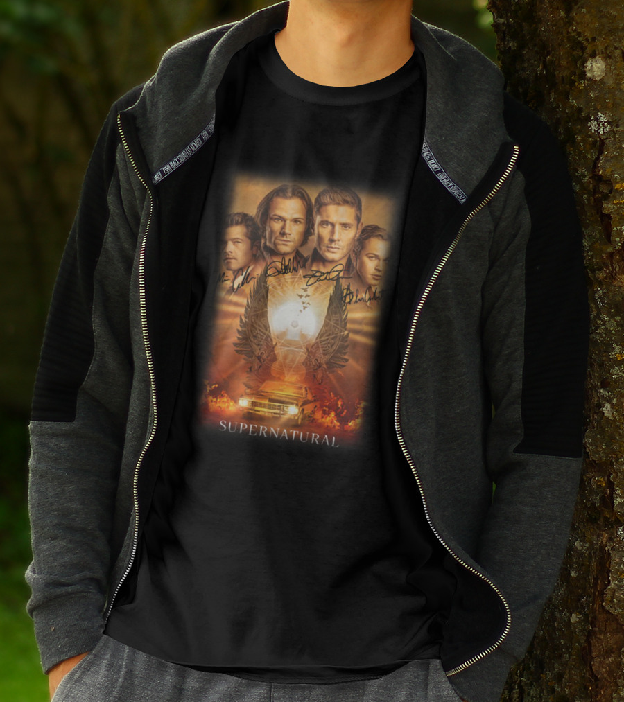 Supernatural Cast Autograph Collage With Angelic Symbol And Impala Flame Scene T-Shirt