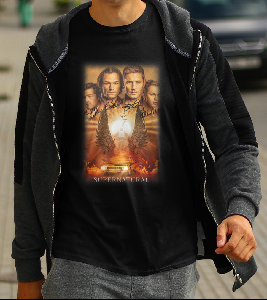 Supernatural Cast Autograph Collage With Angelic Symbol And Impala Flame Scene T-Shirt