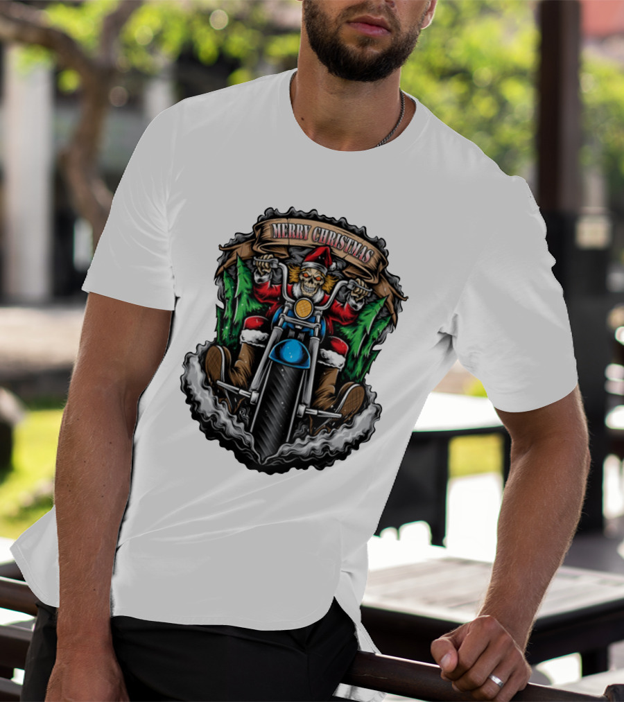 Skeleton Santa Biker Merry Christmas T-Shirt