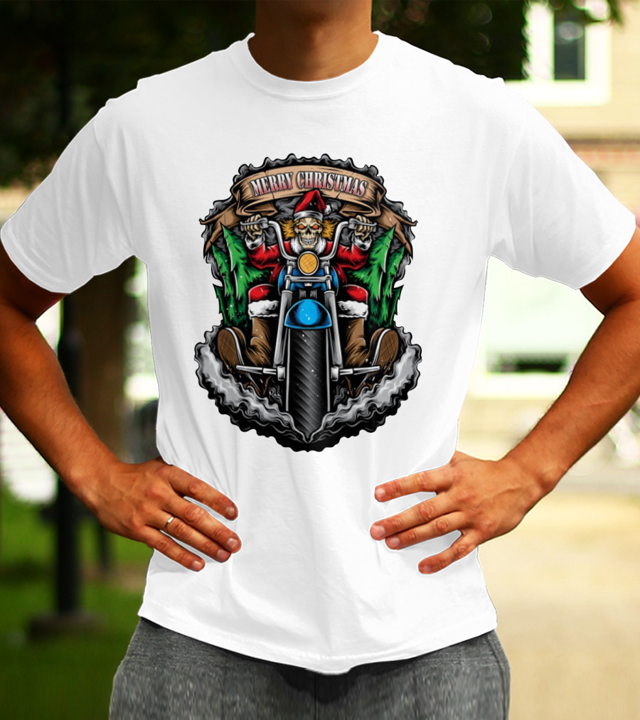 Skeleton Santa Biker Merry Christmas T-Shirt