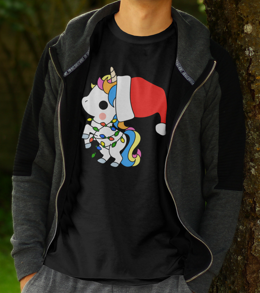 Unicorn Santa Christmas Lights Festive Fantasy T-Shirt